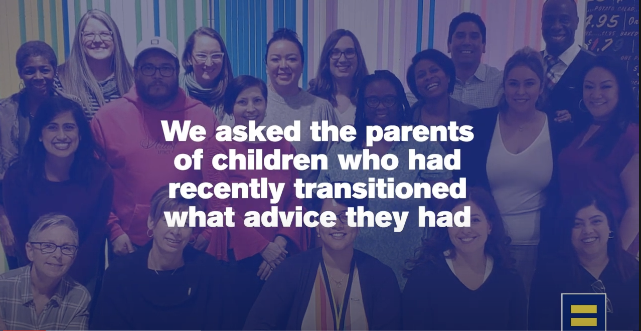 The words "we asked the parents of children who recently transitioned what advice they had" over a photo of a group of people